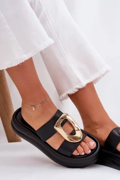 Klapki Damskie Na Platformie Ze Złotym Detalem Czarne Ularinea