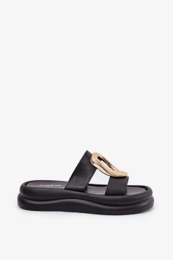 Klapki Damskie Na Platformie Ze Złotym Detalem Czarne Ularinea