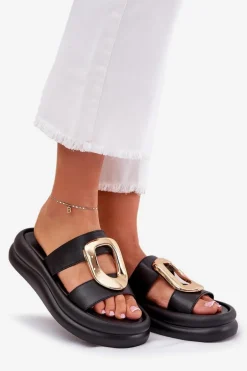 Klapki Damskie Na Platformie Ze Złotym Detalem Czarne Ularinea