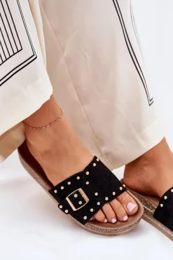 Klapki Damskie Na Platformie Z Klamrą I Ćwiekami Czarne Nusithia