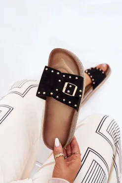 Klapki Damskie Na Platformie Z Klamrą I Ćwiekami Czarne Nusithia