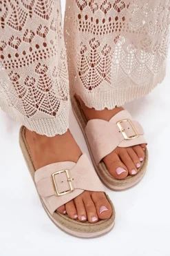 Klapki Damskie Na Platformie Ze Złotą Klamrą Beżowe Selira