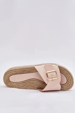 Klapki Damskie Na Platformie Ze Złotą Klamrą Beżowe Selira