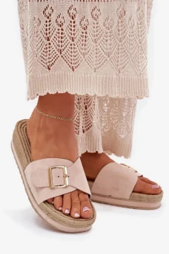 Klapki Damskie Na Platformie Ze Złotą Klamrą Beżowe Selira