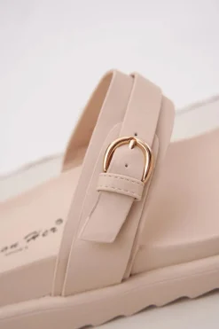 Klapki Damskie Na Platformie Ze Złotymi Klamrami Beżowe Wernone