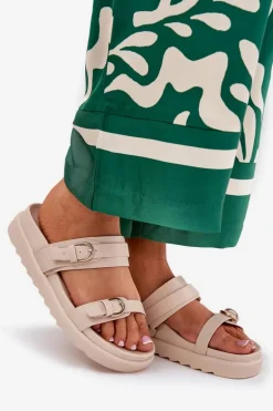 Klapki Damskie Na Platformie Ze Złotymi Klamrami Beżowe Wernone