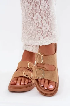 Klapki Damskie Na Platformie Ze Złotymi Klamrami Camel Verena