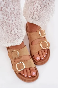 Klapki Damskie Na Platformie Ze Złotymi Klamrami Camel Verena