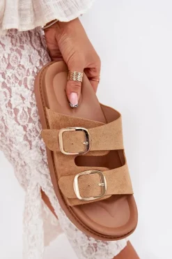 Klapki Damskie Na Platformie Ze Złotymi Klamrami Camel Verena