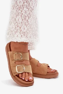 Klapki Damskie Na Platformie Ze Złotymi Klamrami Camel Verena