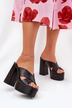 Klapki Damskie Na Platformie I Słupku Czarne Lenobos