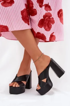 Klapki Damskie Na Platformie I Słupku Czarne Lenobos