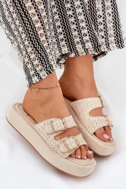 Klapki Damskie Na Platformie Z Klamrami I Plecionką Beżowe Limme