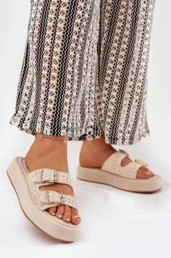 Klapki Damskie Na Platformie Z Klamrami I Plecionką Beżowe Limme