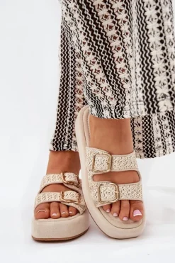 Klapki Damskie Na Platformie Z Klamrami I Plecionką Beżowe Limme