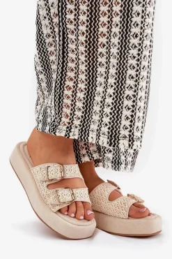 Klapki Damskie Na Platformie Z Klamrami I Plecionką Beżowe Limme