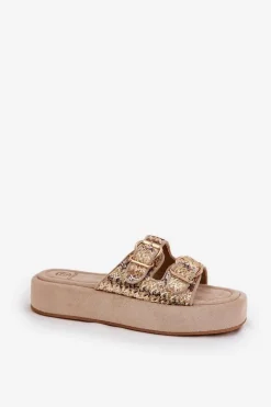 Klapki Damskie Na Platformie Z Klamrami I Plecionką Khaki Limme