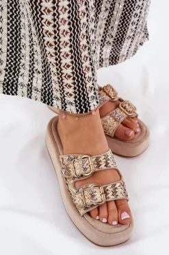 Klapki Damskie Na Platformie Z Klamrami I Plecionką Khaki Limme