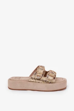 Klapki Damskie Na Platformie Z Klamrami I Plecionką Khaki Limme