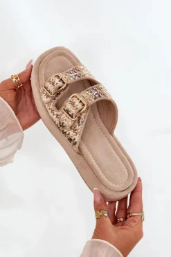 Klapki Damskie Na Platformie Z Klamrami I Plecionką Khaki Limme