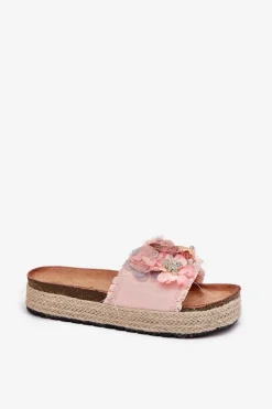 Klapki Damskie Na Platformie Z Plecionką I Kwiatkami Różowe Chellia