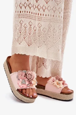 Klapki Damskie Na Platformie Z Plecionką I Kwiatkami Różowe Chellia