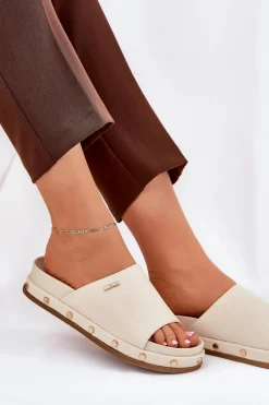 Klapki Damskie Na Platformie Z Ćwiekami Big Star RR274215 Beżowe