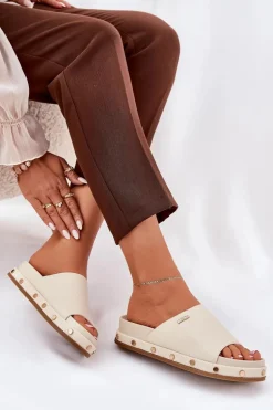 Klapki Damskie Na Platformie Z Ćwiekami Big Star RR274215 Beżowe