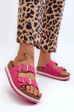 Klapki Damskie Na Platformie Z Klamrami Eko Zamszowe Fuksja Ursila