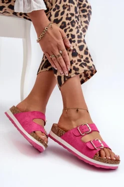 Klapki Damskie Na Platformie Z Klamrami Eko Zamszowe Fuksja Ursila