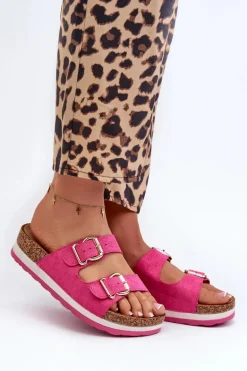 Klapki Damskie Na Platformie Z Klamrami Eko Zamszowe Fuksja Ursila