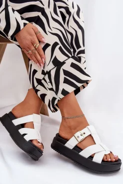 Klapki Damskie Na Platformie Z Paskami I Klamrą Białe Elimessa