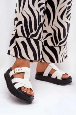 Klapki Damskie Na Platformie Z Paskami I Klamrą Białe Elimessa