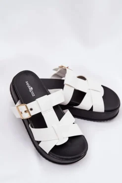 Klapki Damskie Na Platformie Z Paskami I Klamrą Białe Elimessa