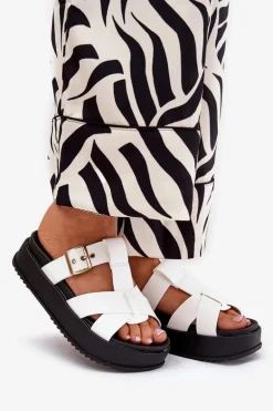 Klapki Damskie Na Platformie Z Paskami I Klamrą Białe Elimessa