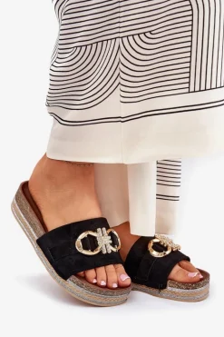 Klapki Damskie Na Platformie Z Brokatem I Złotą Ozdobą Czarne Rilirea