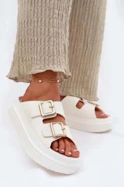 Klapki Damskie Na Platformie Ze Złotymi Klamrami Ecru Zorila