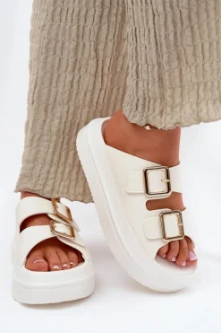 Klapki Damskie Na Platformie Ze Złotymi Klamrami Ecru Zorila