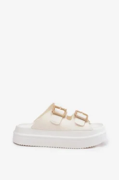 Klapki Damskie Na Platformie Ze Złotymi Klamrami Ecru Zorila