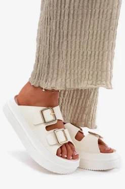 Klapki Damskie Na Platformie Ze Złotymi Klamrami Ecru Zorila