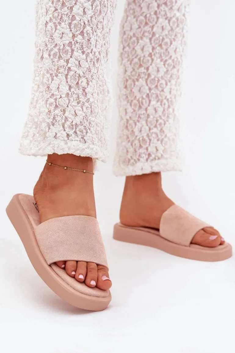 Klapki Damskie Na Platformie Z Eko Zamszu Brudny Róż Jorina