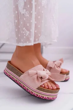 Klapki Damskie Na Platformie Z Kokardą Różowe Chantal