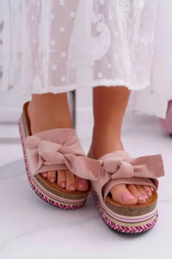 Klapki Damskie Na Platformie Z Kokardą Różowe Chantal