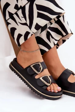 Klapki Damskie Na Platformie Ze Złotymi Klamrami Czarne Tersele