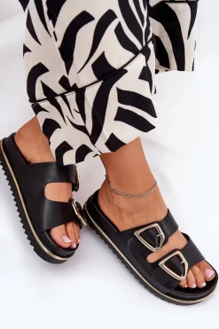Klapki Damskie Na Platformie Ze Złotymi Klamrami Czarne Tersele