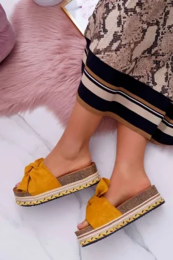 Klapki Damskie Na Platformie Z Kokardą Żółte Chantal