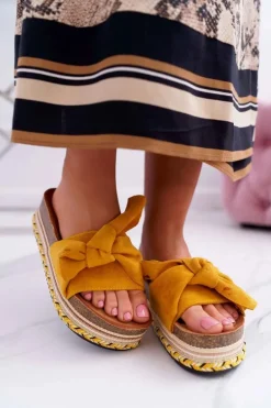 Klapki Damskie Na Platformie Z Kokardą Żółte Chantal