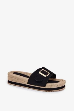 Klapki Damskie Na Platformie Ze Złotą Klamrą Czarne Selira