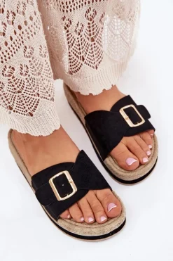 Klapki Damskie Na Platformie Ze Złotą Klamrą Czarne Selira