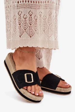 Klapki Damskie Na Platformie Ze Złotą Klamrą Czarne Selira